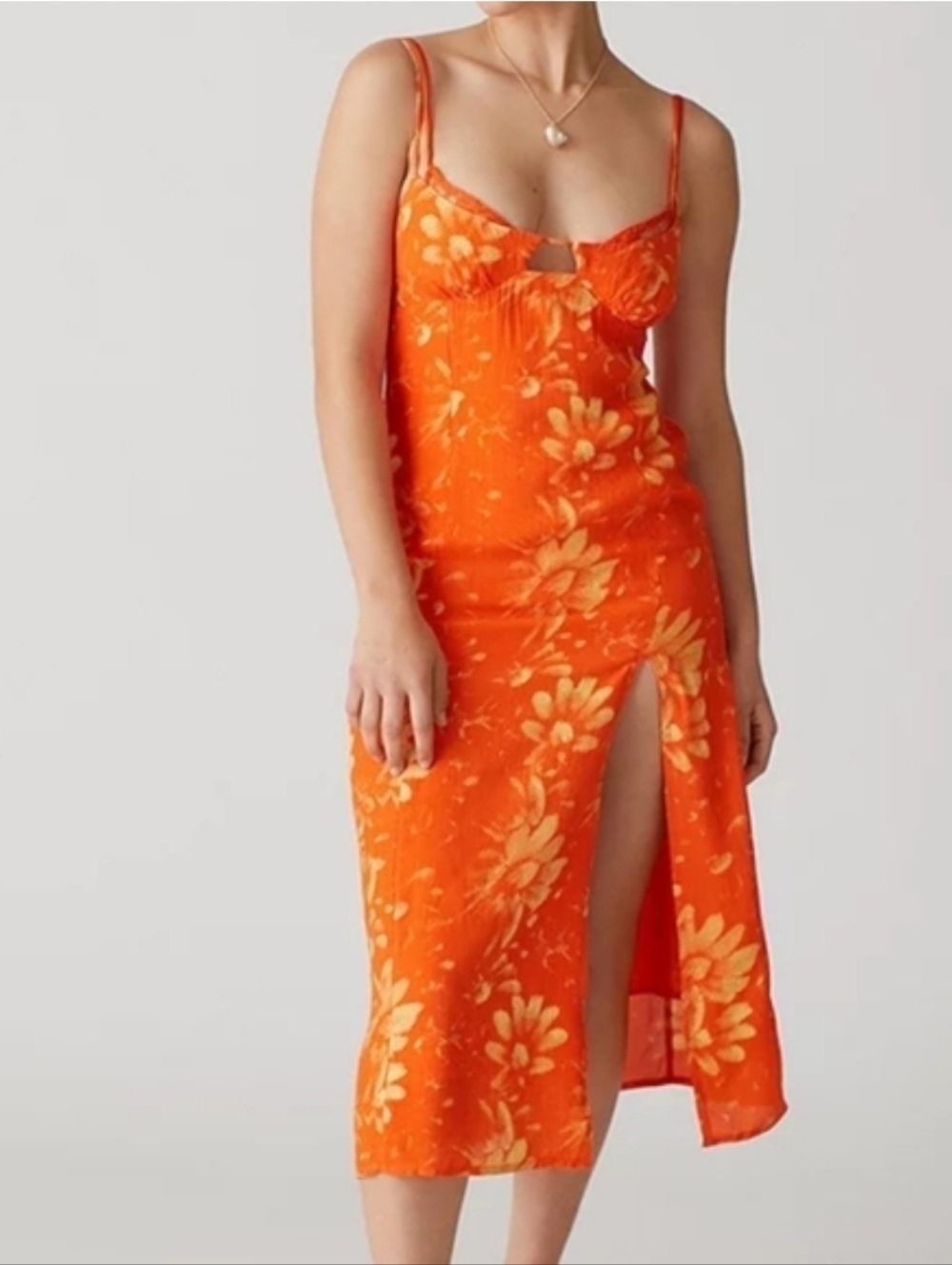 Floral Orange Slip Dress with Front Slit